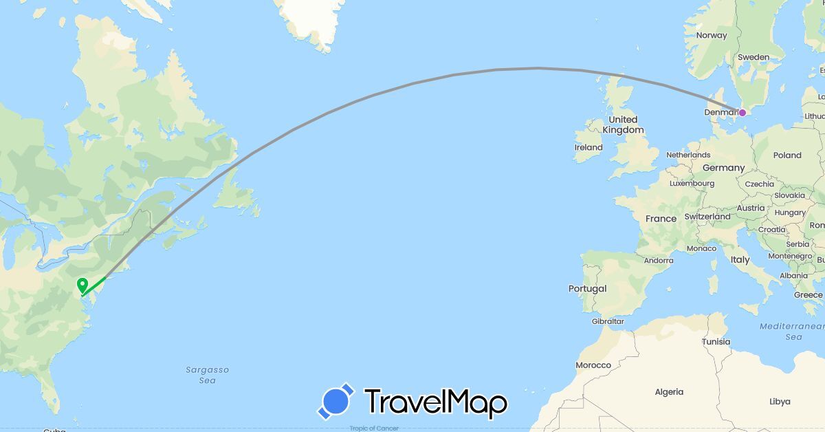 TravelMap itinerary: driving, bus, plane, train in Denmark, Sweden, United States (Europe, North America)
