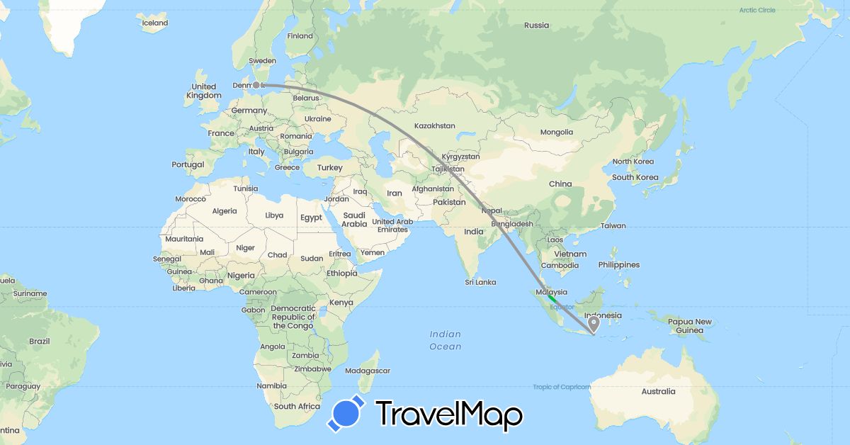 TravelMap itinerary: driving, bus, plane in Denmark, Indonesia, Malaysia, Singapore (Asia, Europe)