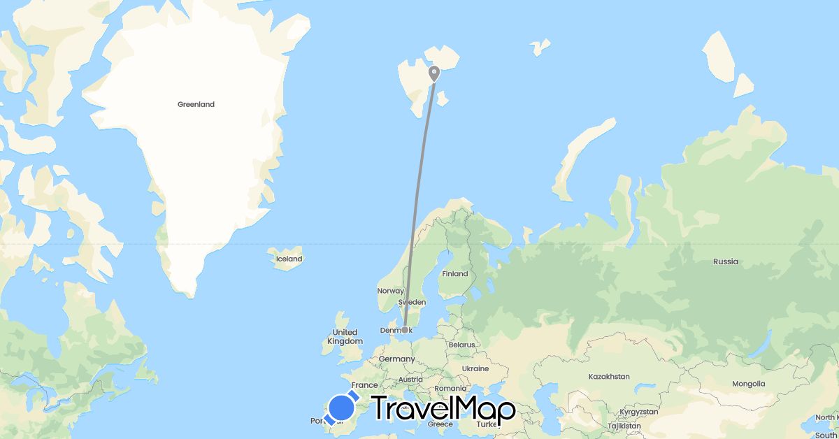 TravelMap itinerary: driving, plane in Denmark, Norway (Europe)